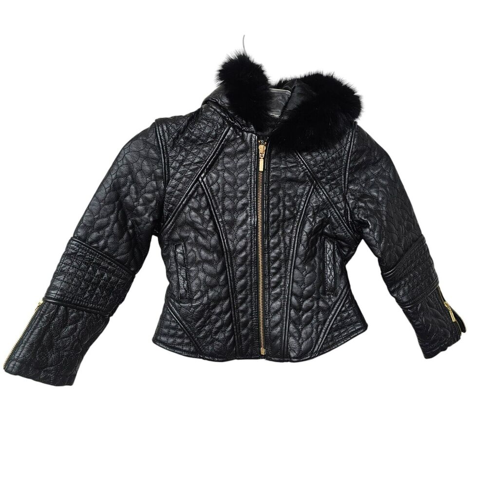 Oscar Kid Moto Jacket Coat 2 Thick Black Leather Beautifully Quilted Fur Collar